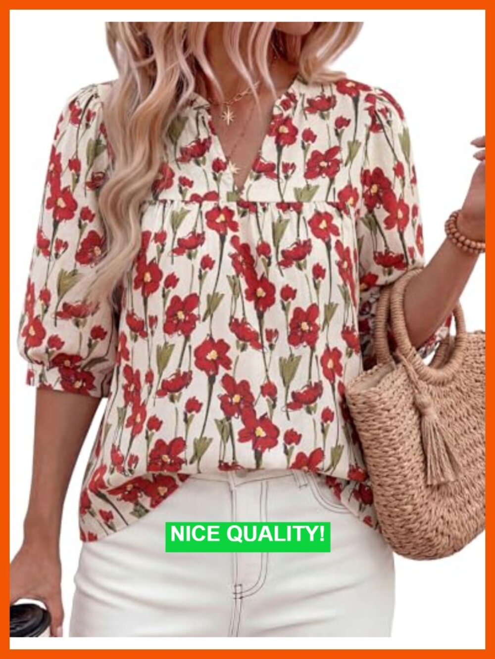 Women's Boho Floral Blouse Half Sleeve V Neck Dressy Casual Top